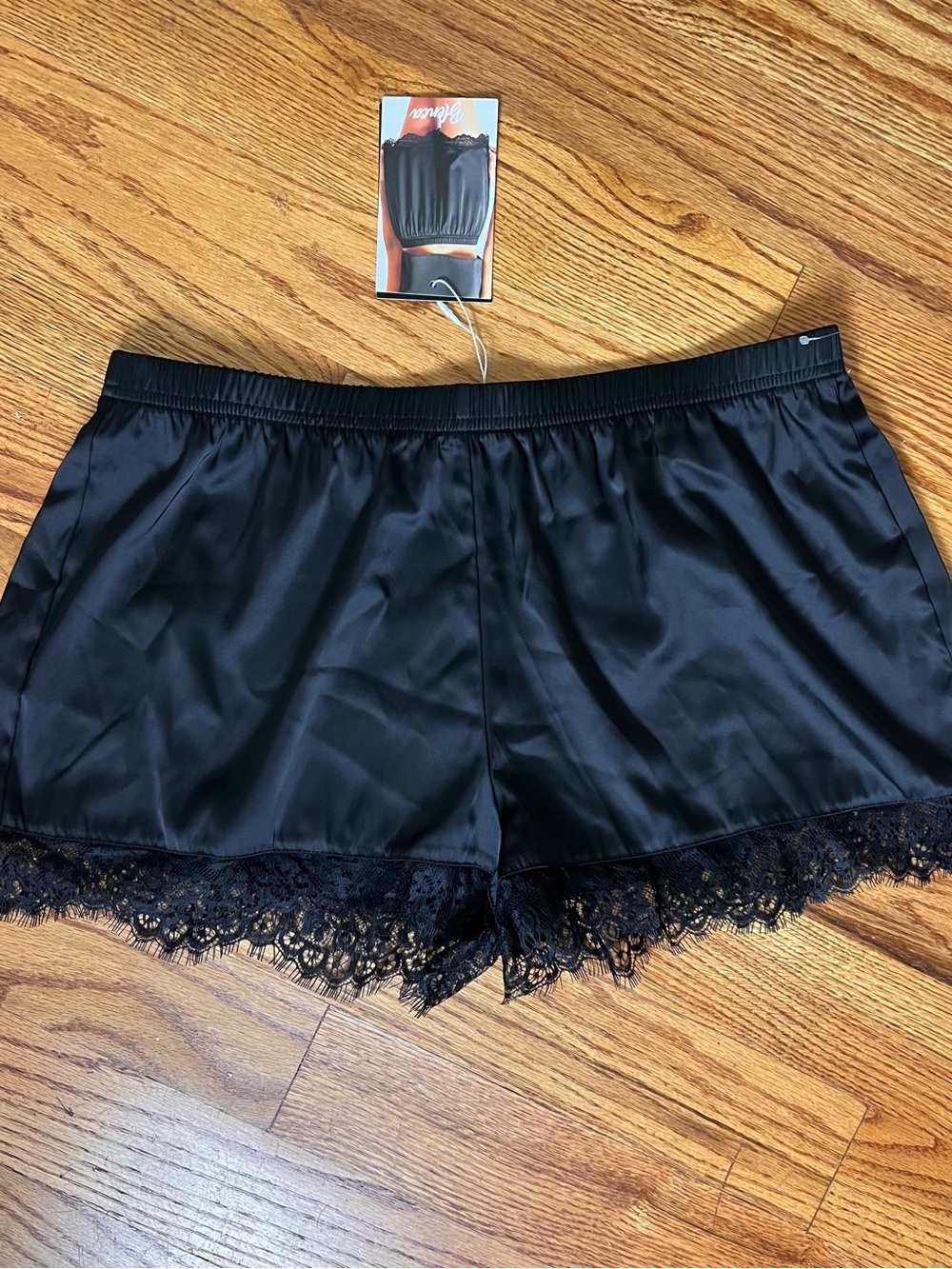 Black Satin Lace Trim Shorts NWT